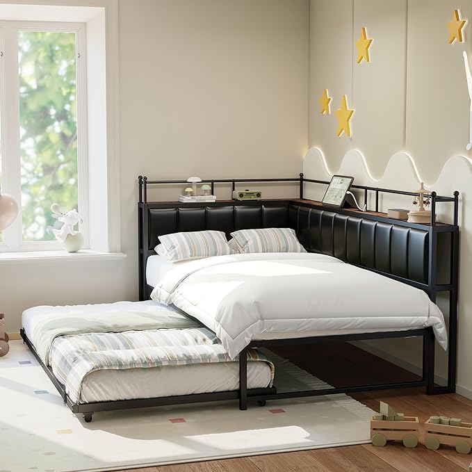 LIKIMIO Daybed with Trundle, Twin Corner Bed Fram with Bedside Storage,Sofa Day Bed for Living Room, Bedroom and Guest Room,Black