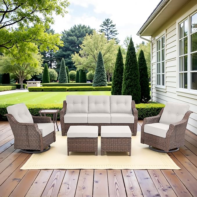 Belord High Back Outdoor Patio Furniture Set - Wicker Outdoor Swivel Rocker Patio Chairs with Sofa and Ottoman, All-Weather Patio Conversation Set for for Patio Deck Backyard