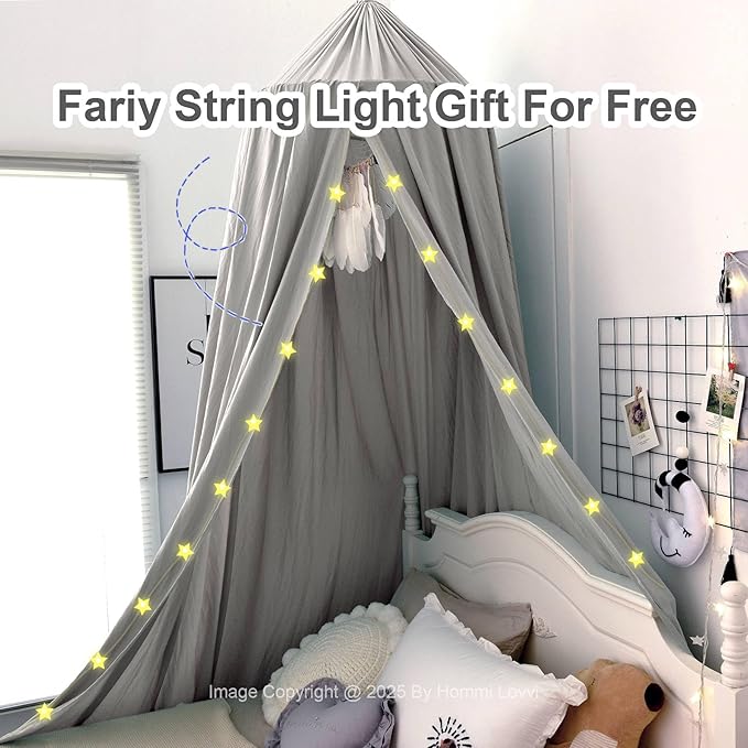 Grey Bed Canopy for Girls with Light, Princess Canopy Curtains for Twin Full Queen Size Kids Bed, Canopy for Girls Bed Room Decor, Hanging Castle Ceiling Tent