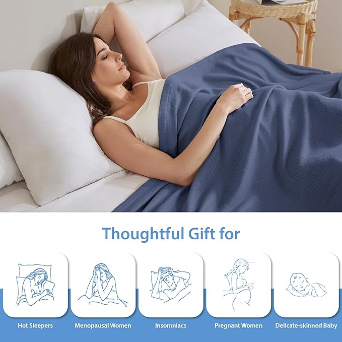 Twin Size Blanket, 70% Rayon (Derived from Bamboo) and 30% Cotton, Lightweight Jacquard Weave, Breathable and Soft Summer Blanket for Bed or Couch, 66” x 90”, Navy