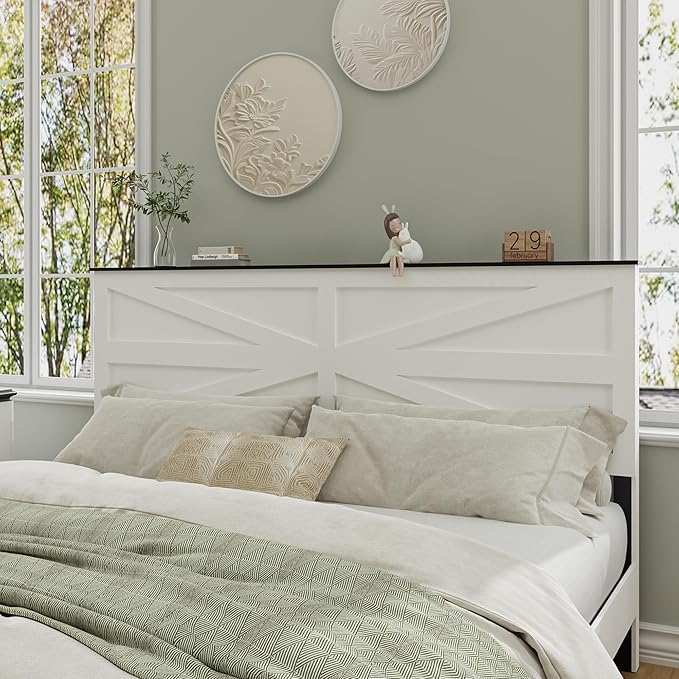 King Size Farmhouse Wooden Bed Frame with Headboard, Boho Platform Bedframe Sturdy Metal Slats Support, Spring Needed, Noisy Free, Easy Assembly (King, White)