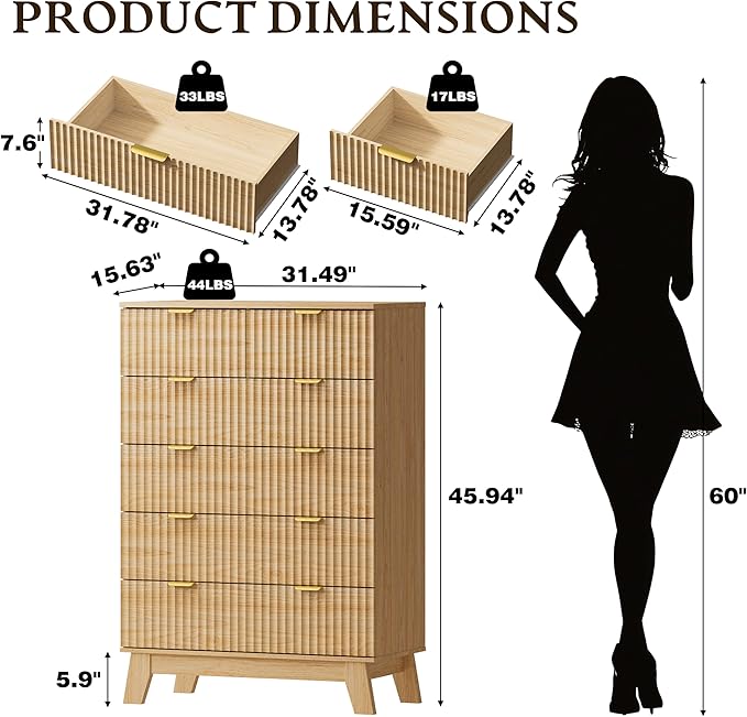 46" Tall Dresser for Bedroom, 6-Drawer Fluted Chest of Drawers, Modern Wood Highboy with Deep Storage, Metal Slides and Handles, Anti-Tip Kit, Vertical Clothes Organizer for Apartment, Nursery