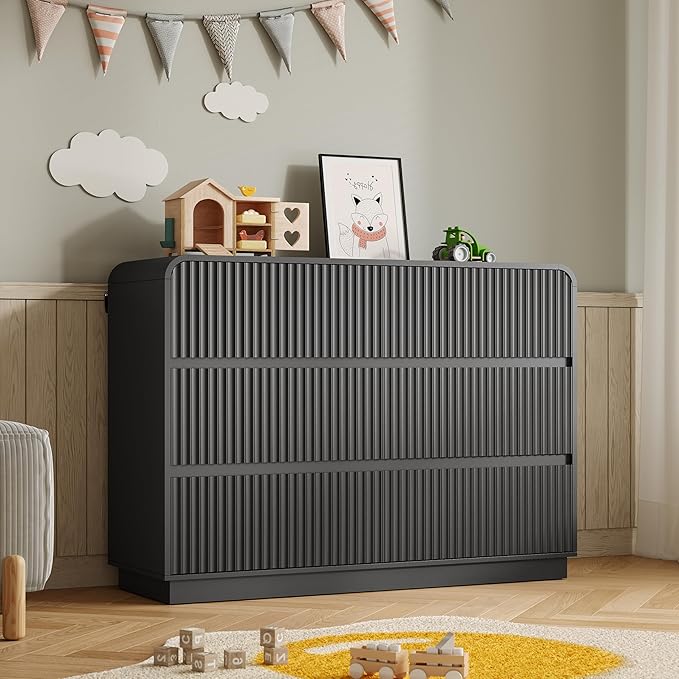 Dresser for Bedroom with 6 Drawers, Fluted Chest of Drawers with Round Curved Corner, Hidden Handles, Modern Wood Storage Organizer for Bedroom, Nursery, Living Room