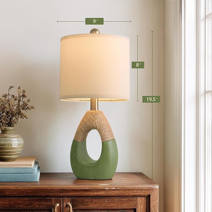 OYEARS 19" Table Lamps Set of 2, Bedside Lamps for Living Room, Lamps for Bedroom, Farmhouse Rattan Table Lamp, Small Space Nightstand Lighting, Rustic Home Office Decor (Green, Bulb Not Included)