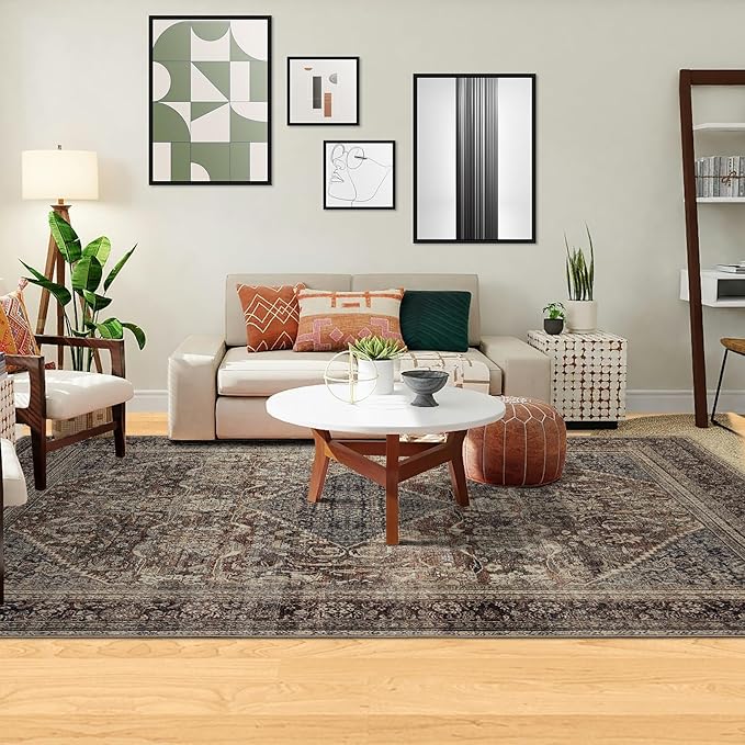 Area Rug 6×9, Large Vintage Boho Rug,Ultra-Soft Low Pile, Washable, Non Slip,Stain Resistant, Printed Carpet for Living Room Bedrooms Playroom Office Kitchen,Oat/Antiquity