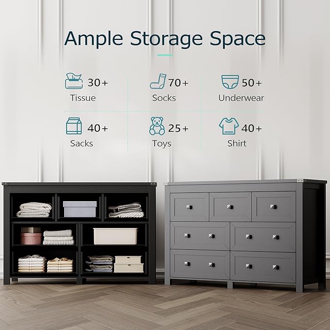 7 Drawer Dresser for Bedroom, Farmhouse Wood Chest of Drawers, Wide TV Stand Closet Storage Furniture with Metal Handle, Modern Wooden Clothes Organizer for Hallway, Living Room, Entryway, Black