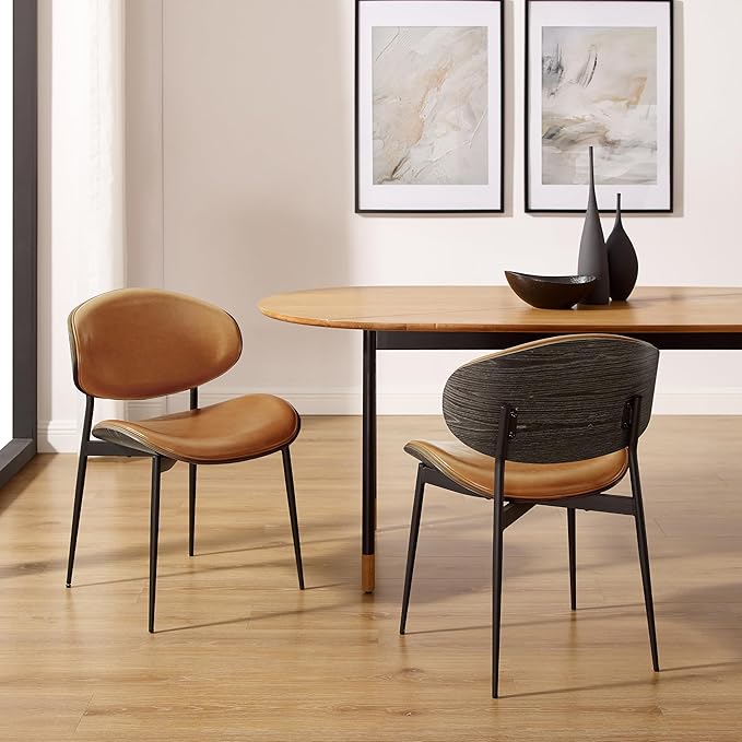 Art Leon Dining Chairs Set of 4, Grey Oak Bentwood, Mid Century Modern Chair, Orange Faux Leather Kitchen Dining Room Chairs with Black Metal Legs, Accent Chairs for Bedroom