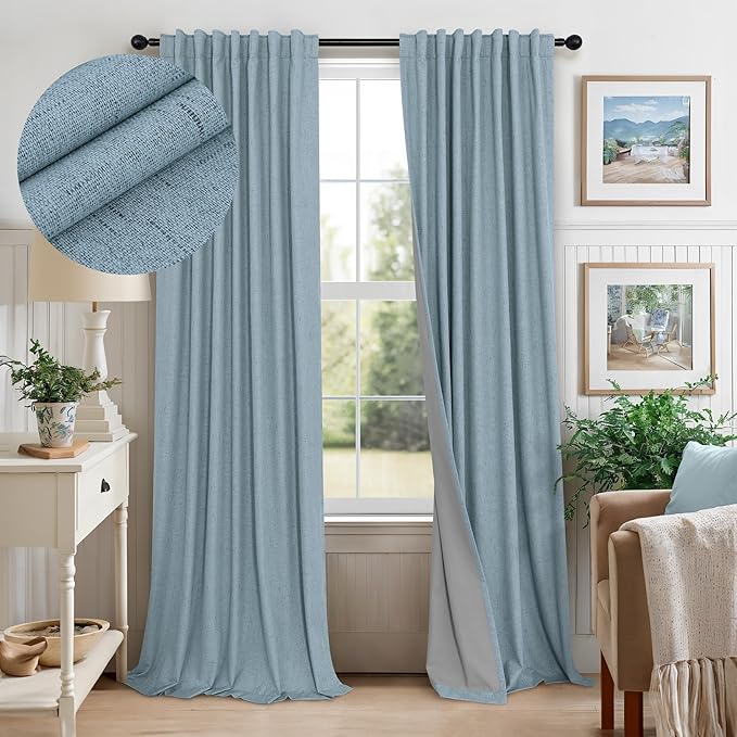 Slate Blue Curtains 108 Inches Long 2 Panel Burg 100% Blackout Boho Linen Textured Darkening Thermal Insulating Ceiling to Floor Length Drapes Dusty Blue Grey Curtain for Bedroom Living Room Divider