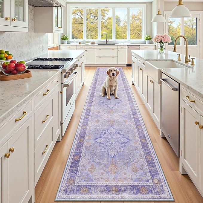 Area Rugs 2'x10' Washable Non-Slip, Floral Vintage Distress Print Pattern Medallion Carpet for Living Room Bedroom Dining Room, Light Purple Brown