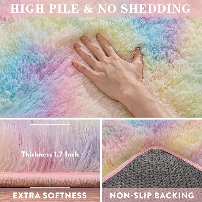 Fluffy Rainbow Rug for Bedroom Girls, 6x9 Cute Colorful Shag Rug for Kids Room, Soft Fuzzy Shaggy Rugs for Living Room Home Decor