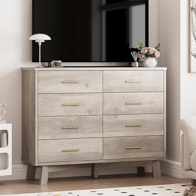 Dresser for Bedroom, 8 Drawer Wide Modern Chest of Drawers with X-Shaped Sturdy Base, Wood Double Dresser Closet Clothes Storage Organizer, Wooden TV Stand for Living Room, Hallway, Grey