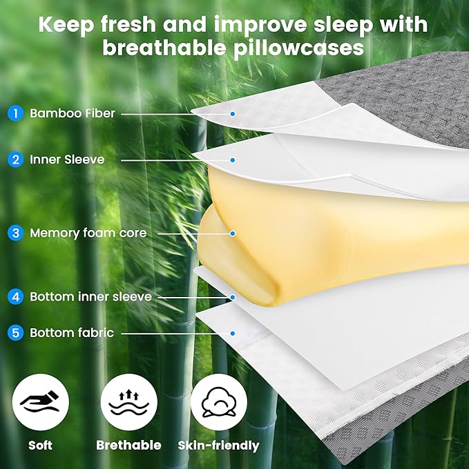 HOKIZU Cervical Memory Foam Pillow with Bamboo Fabric Pillowcase- Breathable, Supportive for Neck & Shoulder Pain Relief, Ergonomic Contour Neck Pillow for Side, Back, Stomach Sleepers(White-Gray)