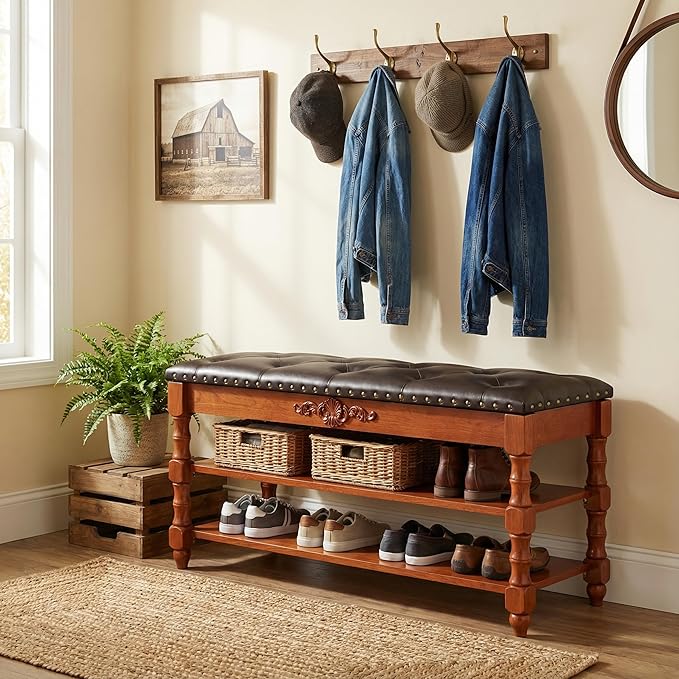 39-inch End of Bed Bench, Faux Leather Tufted Storage Bench with Lift Top Seat and 2 Tier Storage Shelves, Bedroom Bench Footrest Stool with Hidden Storage and Wood Leg, Vintage Style