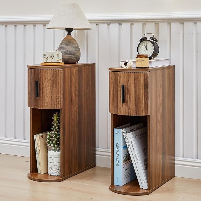 Narrow Nightstand Set of 2, Fluted Small Night Stand, Slim Curved Storage End Table with Drawer, Mid Century Modern Wooden Bedside Cabinet for Living Room, Bedroom,Small Spaces, Walnut