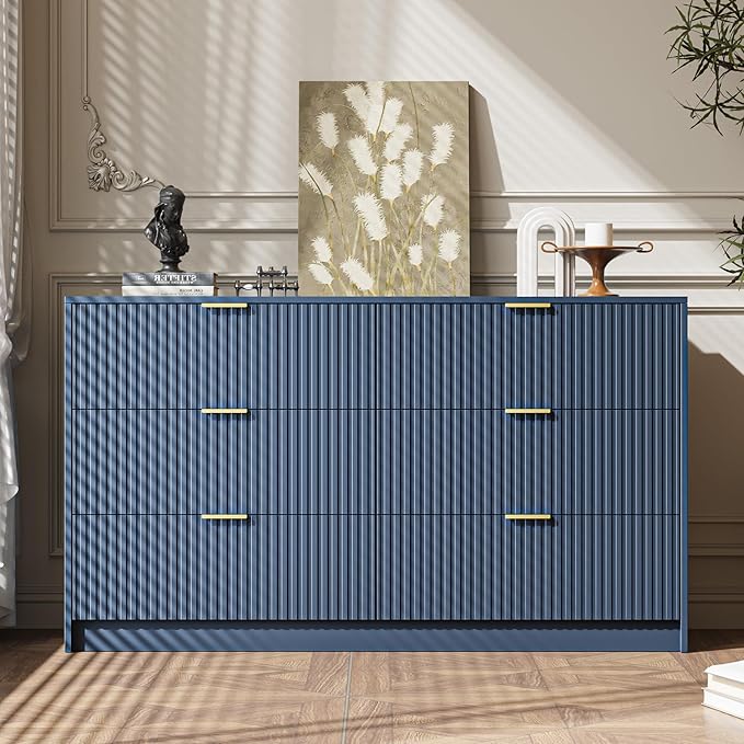 6 Drawer Dresser for Bedroom, 55" Wide Modern Chest of Drawers with Gold Metal Handles, Fluted Wood TV Stand for Living Room, Hallway(Navy Blue)