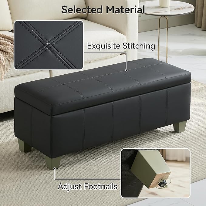 41" Faux Leather Storage Ottoman, Stitch Tufted Rectangle Upholstered End of Bed Storage Bench, Entryway Large Couch Ottoman with Wooden Legs, Dark Black
