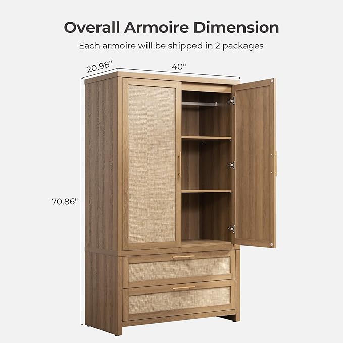 SICOTAS Armoire Wardrobe Closet, Larger Rattan Armoires Wardrobe Cabinet with 2 Larger Drawers and Hanging Rod, Tall Closet Storage Cabinet for Cloak Room, Laundry Room, Bedroom, Oak (3 Pieces)