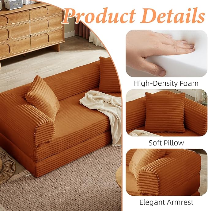 Convertible Futon Sofa Bed, Fold Out Floor Sofa Couch with Sleeper Sofa,Folding Boneless Couches with Deep Seat,Cloud Corduroy Foldable Mattress Couch for Living Room (Orange)