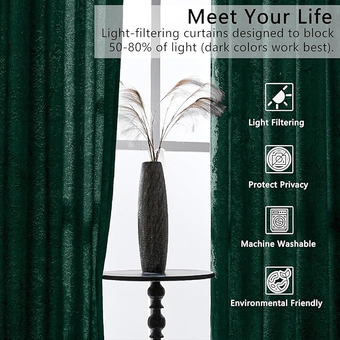 SMILETIME Forest Green Crushed Velvet Curtains 52x96 inch Luxurious Thermal Insulated Soundproof Drapes for Living Room Bedroom Office Soft and Durable Light-Filtering Window Treatments, 2 Panels