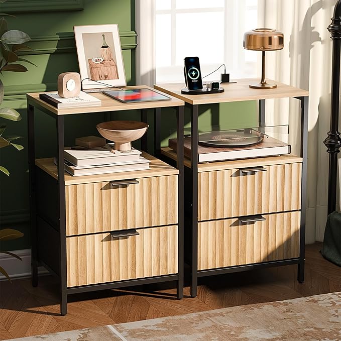 VINGLI Nightstands Set of 2 Fluted Nightstand with Charging Station, Oak Night Stand Set 2, Bed Side Tables with Drawers Fabric, End Tales Bedroom with Charger Station, 14.96" W*11.81" D*23.78" H