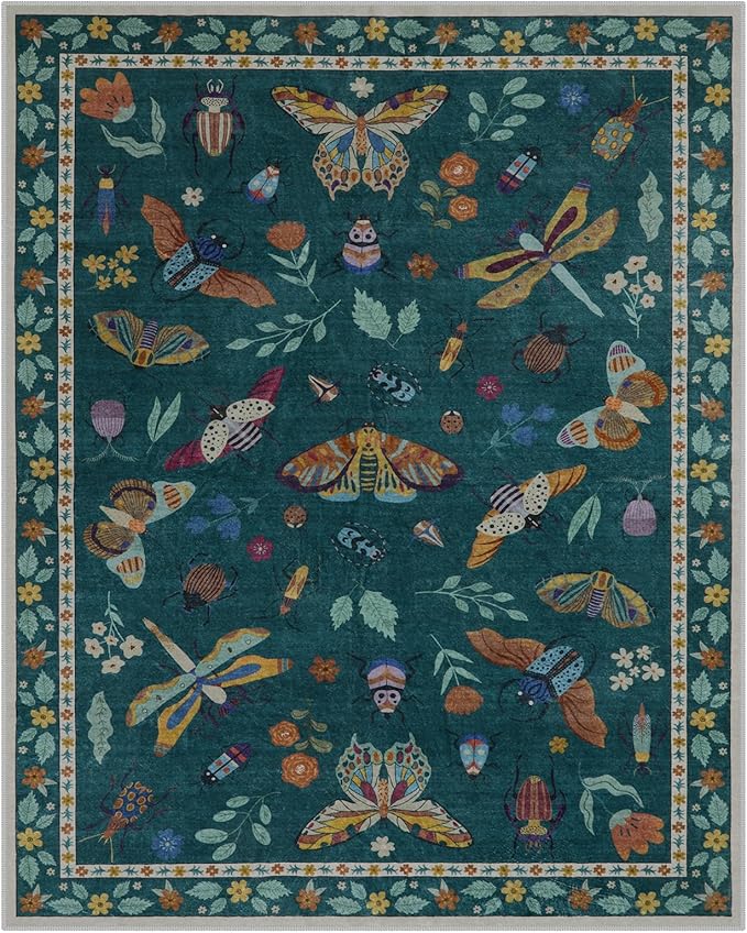 Lahome Insect Washable Rugs 8x10, Soft 8x10 Area Rugs for Living Room, Non Slip Bedroom Rug Under Bed Ultra-Thin Large Carpet for Dining Room Office Playroom(8'x10',Dark Green)