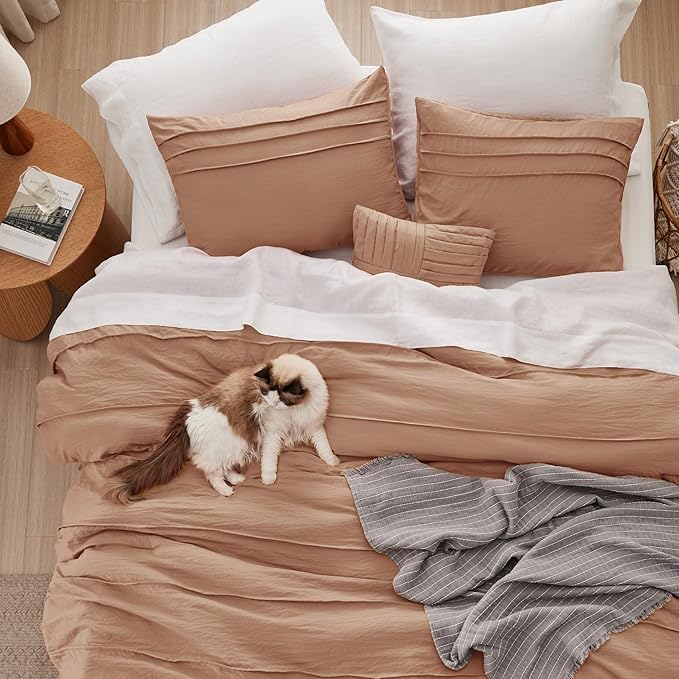 Bedsure California King Comforter Set - 4 Pieces Pinch Pleat Bed Set, Taupe Boho Bedding for All Season, 1 Soft Comforter, 2 Pillowcases, 1 Decorative Pillow