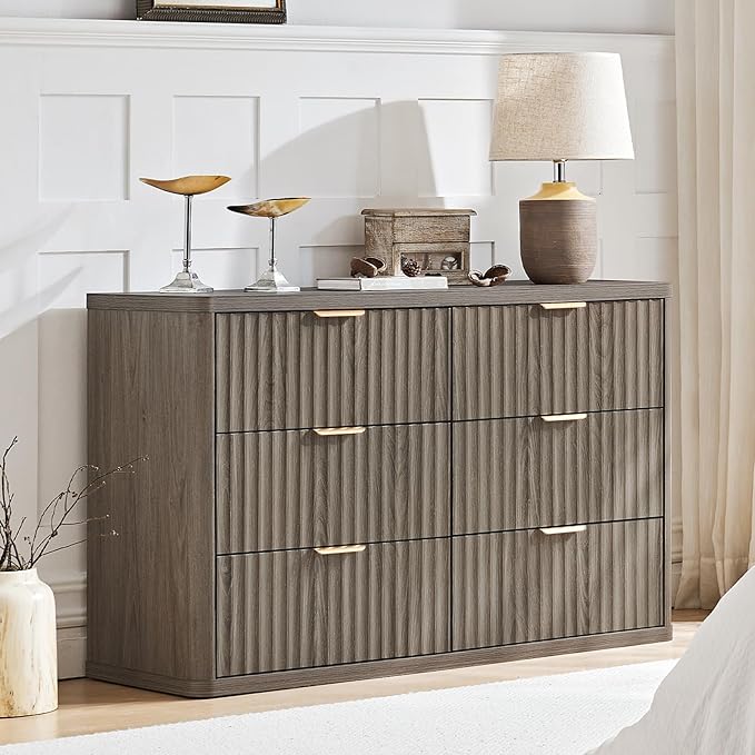 LEYAOYAO Fluted Dresser and 3 Drawers Nightstand Set of 2, Wood 48" Wide Dresser & 23" Night Stand with Charging Station, 3 Piece Bedroom Furniture Set, Chest of Drawers for Home,Living Room,Grey