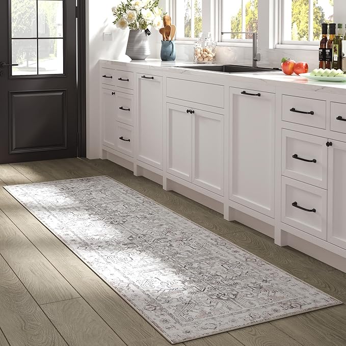 jinchan Lima Kitchen Runner Rug 2x8 - Vintage Floral Machine Washable Non-Slip Hallway Runner Rug with Rubber Backing Ultra-Thin Carpet for Bedroom Laundry Room Farmhouse (2x8ft, Taupe)
