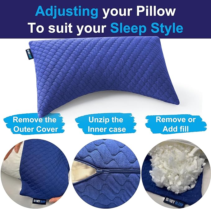 Sidney Sleep Mini Travel Size Neck Pillow - Knee, Back Lumbar and Support - Small Curved Pillow - Adjustable Fill - Washable Case - Drawstring Backpack Included - 14 x 19 Inches (Mini - Blue)
