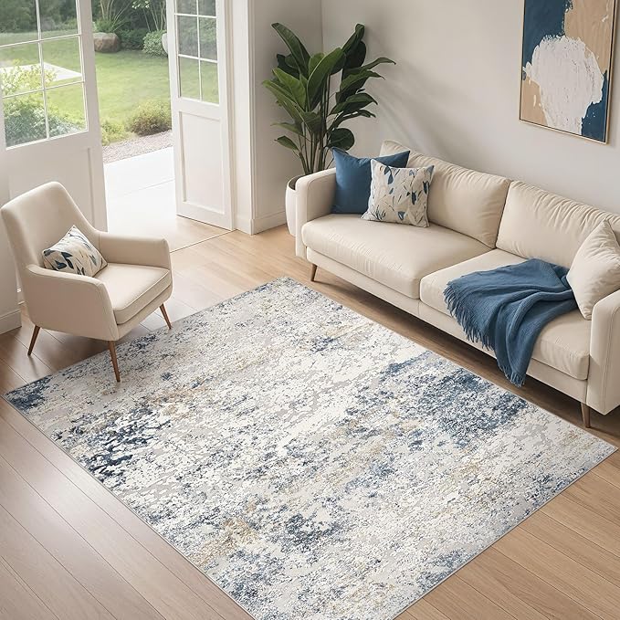 Area Rug Living Room Rugs - 4x6 Abstract Large Soft Indoor Washable Rug Neutral Modern Low Pile Carpet for Bedroom Dining Room Farmhouse Home Office - Beige Blue