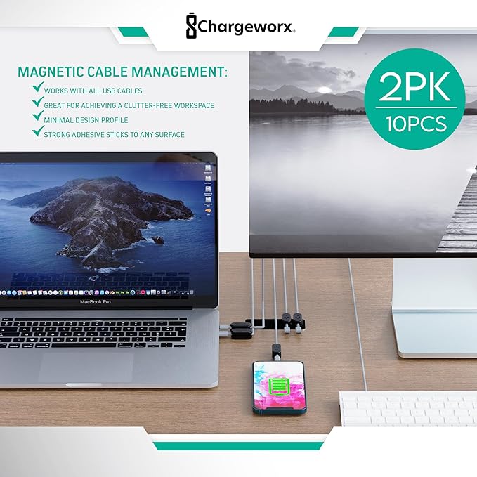 Magnetic Cable Clips [10-Pack] – Chargeworx Cord Organizer for Desk, Nightstand, Car, Wall – Strong Adhesive Wire Holder for USB-C, Lightning, Micro-USB – Tangle-Free, Snap-On, Easy Cable Management