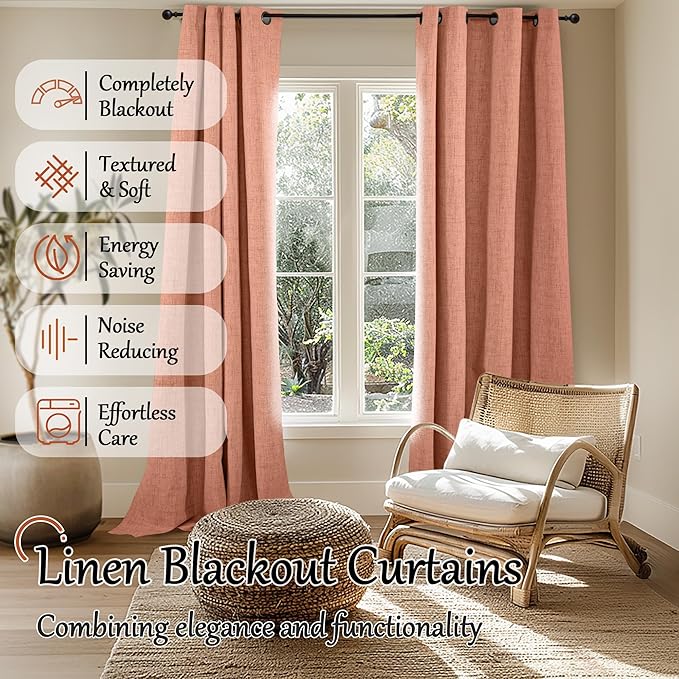 Linen Blackout Curtains 90 Inch Long, Terracotta Extra Long Curtains for Bedroom Living Room Modern Farmhouse, Thermal Light Blocking Faux Linen Energy Save Drapes Each 52x90 Inch 2 Panels