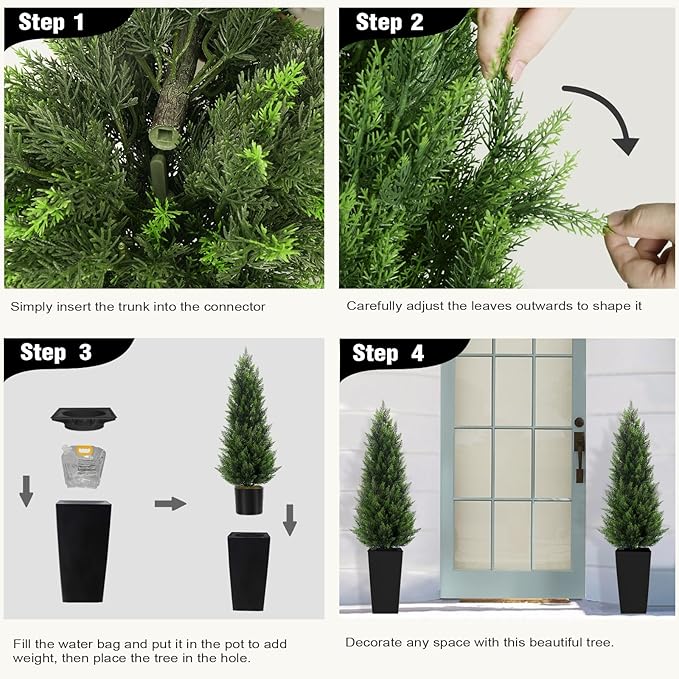 5FT Tall 2 Set Artificial Topiary Cedar Tree, Indoor Realistic Faux Cypress Plants with Square Flowerpot, Outdoor Evergreen Fake Shrubs for Home Living Room Front Porch Decor