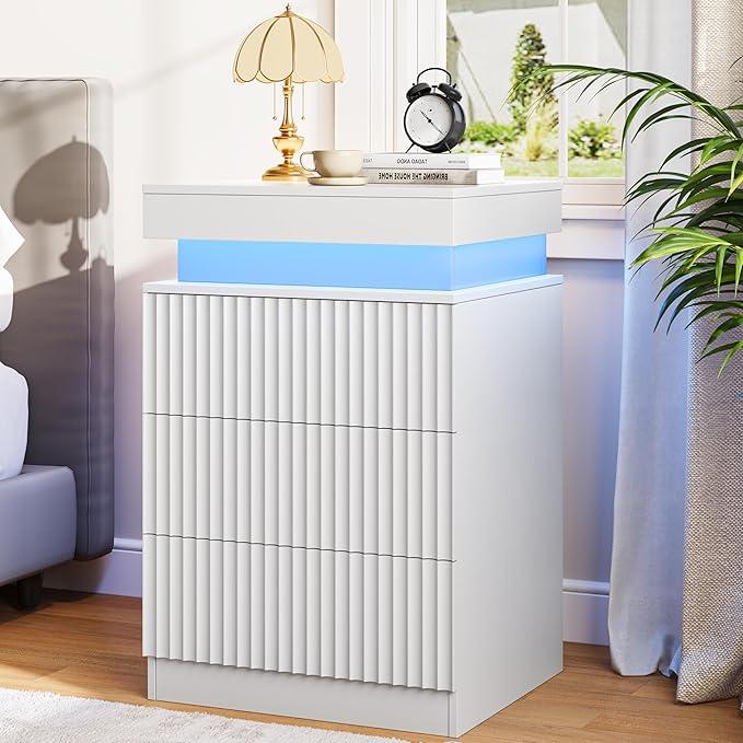 Nightstand with Charging Station & LED Lights, Modern Small Fluted Bedside & End Table with 3 Drawers, Sliding Top & Hidden Storage, Wooden Farmhouse Night Stand for Bedroom Office Sofa, White