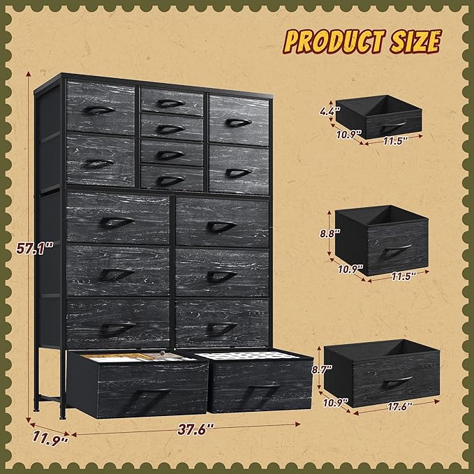 57“H Dresser for Bedroom with Drawers, Fabric Dressers & Chests of Drawers, Large Black Dresser with Sturdy Metal Frame, Wood Top,Entryway, Hallway