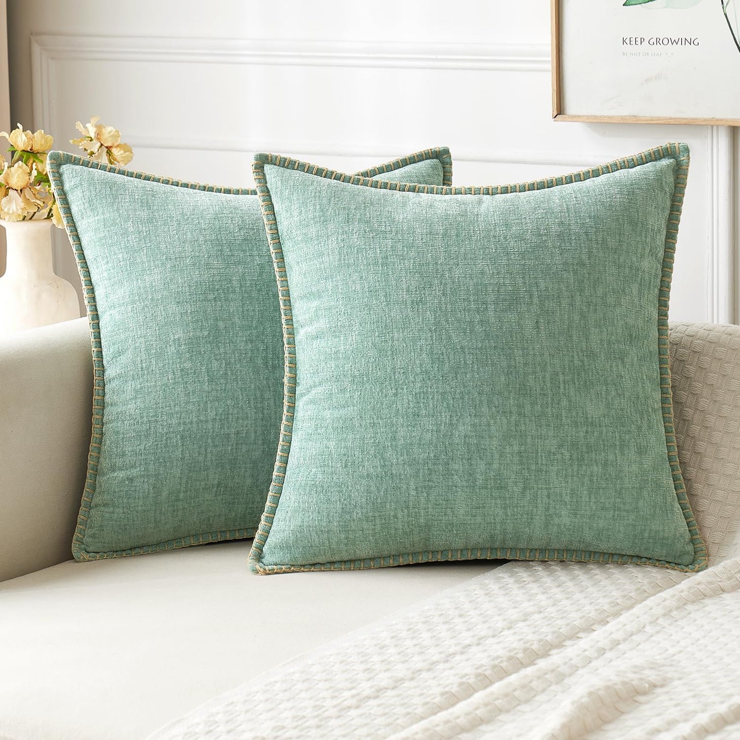 MIULEE Pack of 2 Couch Throw Pillow Covers 20x20 Inch Greyish Green Farmhouse Decorative Pillow Covers with Stitched Edge Soft Chenille Solid Dyed Spring Pillow Covers for Sofa Bed Living Room
