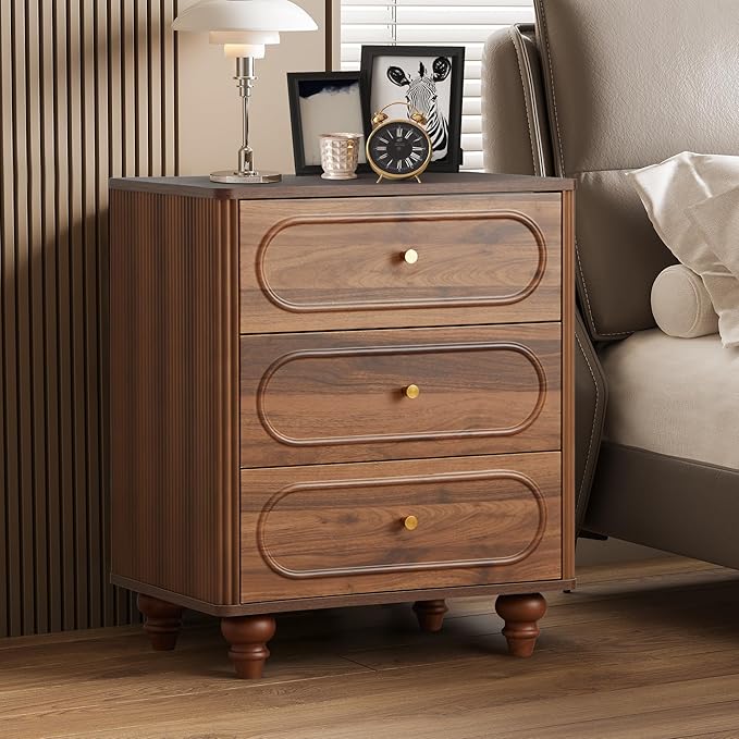 3 Drawer Fluted Dresser for Bedroom, Mid Century Modern Chest of Drawers, Wood Storage Small Dresser Organizer for Bedroom Living Room Hallway Closet, Walnut