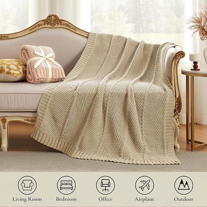 Amélie Home Chevron Chenille Knit Throw Blanket for Couch, Cozy Texture Decorative Soft Blanket for Sofa & Chair, 50"x60", Beige