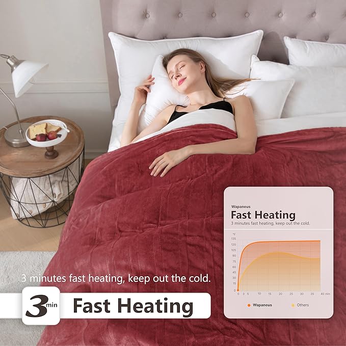 Wapaneus Heated Blanket Electric Queen Size 84"x90"-Dual Control with 10 Heat Levels 12 Timer Settings and 8 Hours Auto-Shut Off,Fast-Heating Electric Blanket,ETL Listed Machine Washable,Red