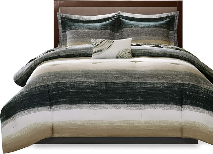 Madison Park Essentials Cal King Comforter Set, Bed in a Bag, Watercolor Print Coastal Comforter & Chambray Cotton Sheet Set, All Season Bedding Set, Saben, Taupe Cal-King (104 in x 92 in) 9 Piece