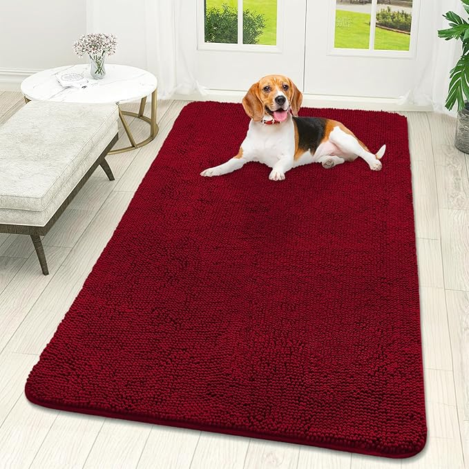 OLANLY Dog Door Mat for Muddy Paws 59x32, Absorbs Moisture and Dirt, Absorbent Non-Slip Washable Doormat, Quick Dry Chenille Mud Mat for Dogs, Entry Indoor Entryway Carpet for Inside Floor, Red