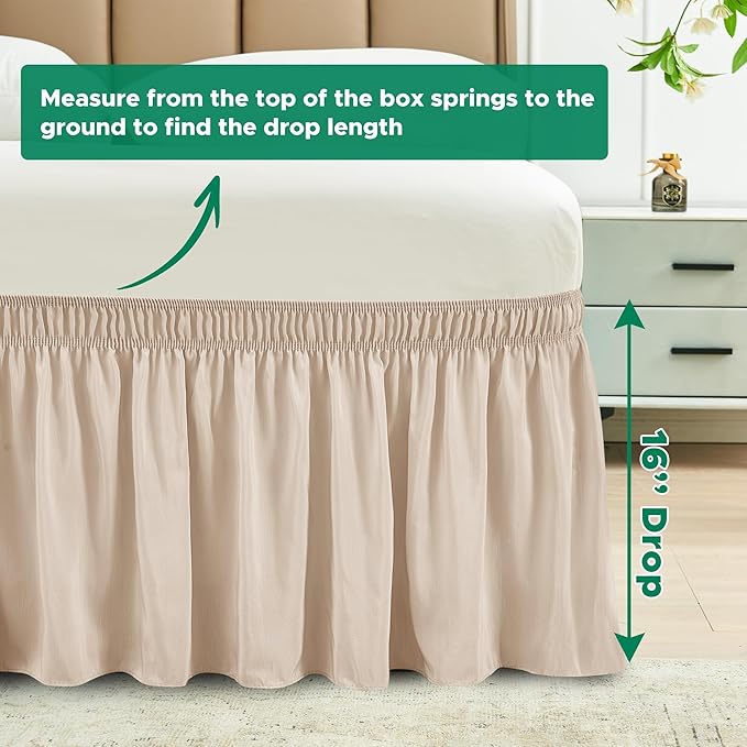 Biscaynebay Wrap Around Bed Skirts for Queen Beds 16" Drop, Sand Adjustable Elastic Dust Ruffles Easy Fit Wrinkle Resistant Silky Luxurious Fabric Machine Washable