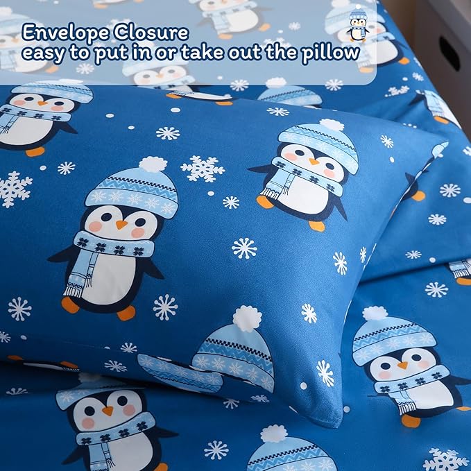 JSD Penguin Snowflakes Kids Christmas Sheet Set Twin Size, 3 Piece Blue Printed Microfiber Sheets Deep Pocket