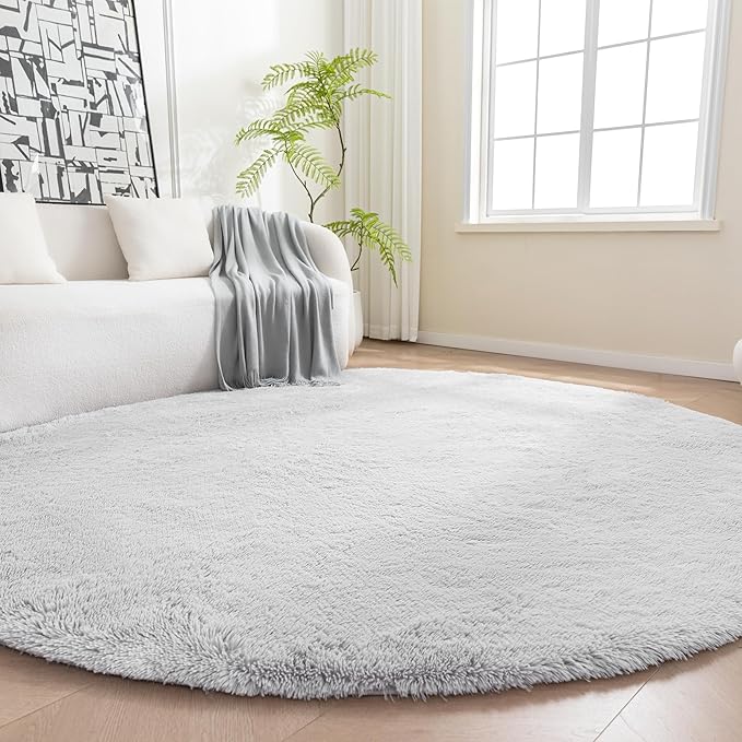Amazon Basics Fluffy Washable Round Area Rug, Circle Shaggy Carpet for Living Room, Bedroom, Nursery, 4'R, Gray