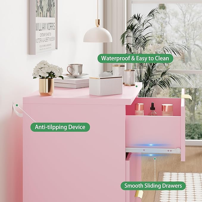 Fluted Nightstand, 24" Wide Side Table with 3 Large Storage Drawers, Mid Century Modern Wood Night Stand with Metal Handle, Wooden Bedside End Table for Bedroom, Living Room, Closet, Pink