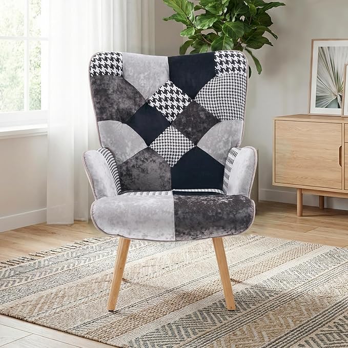 Joysoul Living Room Accent Chair Modern High Back Arm Chair, Houndstooth Pattern Bohemian Style Chairs for Bedroom Waiting Room