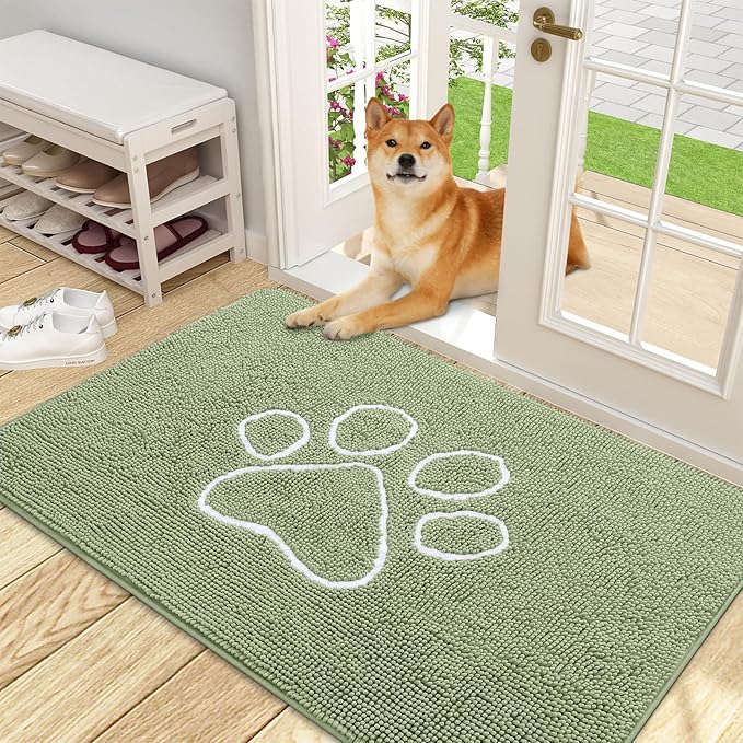 OLANLY Dog Door Mat for Muddy Paws 48x30, Paw Print Design, Absorbs Moisture and Dirt, Non-Slip Washable Doormat, Quick Dry Chenille Mud Mat for Dogs, Entry Indoor Entryway Carpet, Sage Green