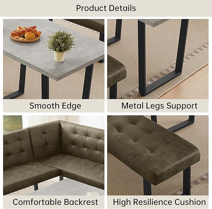 3-Piece Corner Dining Table Set with Bench, 70 Inch Space-Saving Breakfast Nook for Kitchen & Dining Room(Grey Table+Left Seat Brown Chairs)