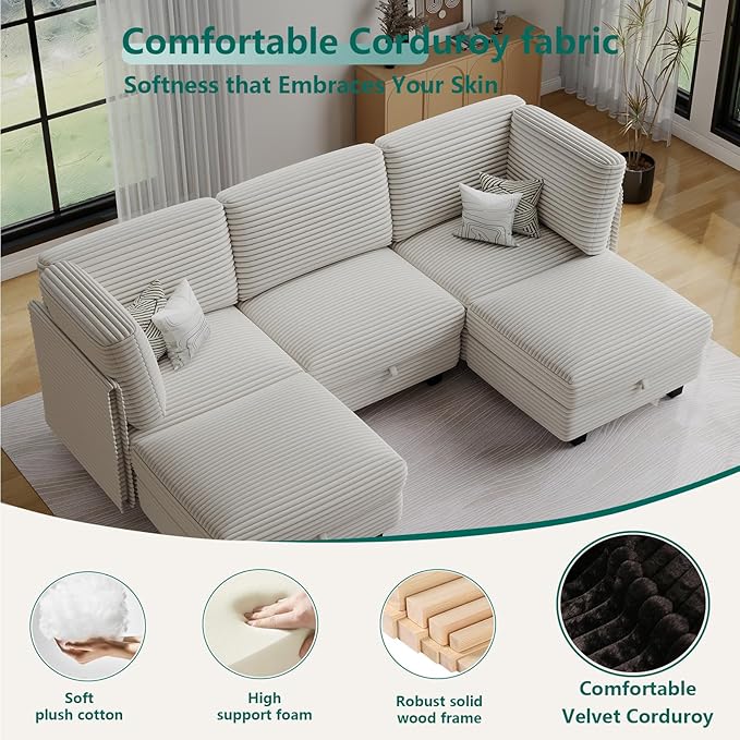 Modular Sectional Sofa with Adjustable Backrest,Large Convertible L/U-Shaped Sleeper Couch for Living Room,Cloud Sofa Bed Modern Reversible Design,White