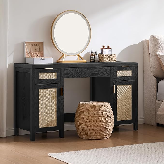 SICOTAS Rattan Vanity Home Office Desk - 52" Large Farmhouse Boho Makeup Vanity Dressing Table with 3 Drawers & 2 Storage Cabinets, Vanities Desk for Makeup Room, Bedroom, Home Office, Black Oak